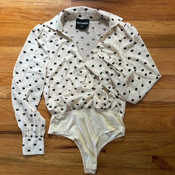 Kittenish Bodysuit Women’s Sz Small Collared V-neck Femme Office - Picture 3 of 4